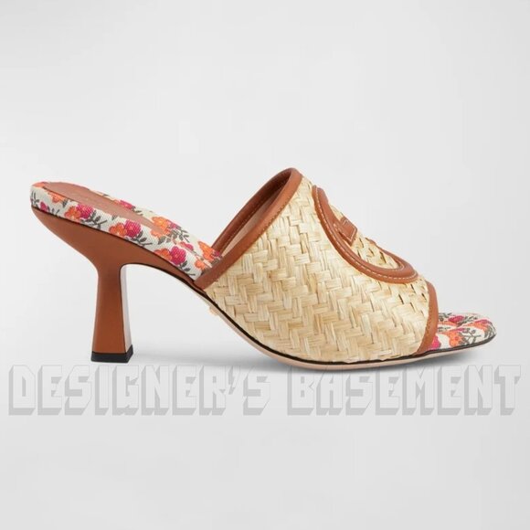 GUCCI Mabel Raffia 37.5EU-7.5US leather Interlocking GG Slide heel Sandals shoes - Picture 10 of 10
